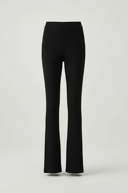 Pantalon Noir Côtelé Évasé Taille Haute Fluide - Maille - vue 3