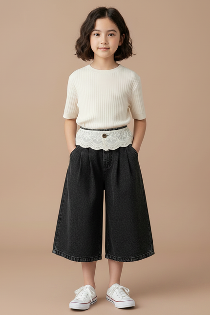 Pantalon Noir Ample Plissé Dentelle Fille - Jean - vue 3