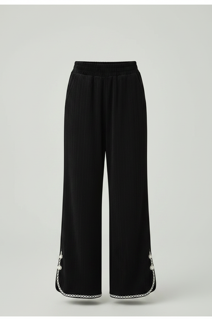 Pantalon Noir Côtelé Évasé Brodé Fille - Cordé - vue 3
