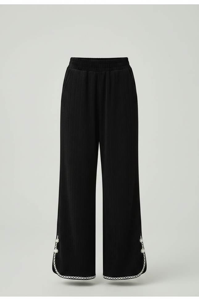 Pantalon Noir Côtelé Évasé Brodé Fille - Cordé - vue 3