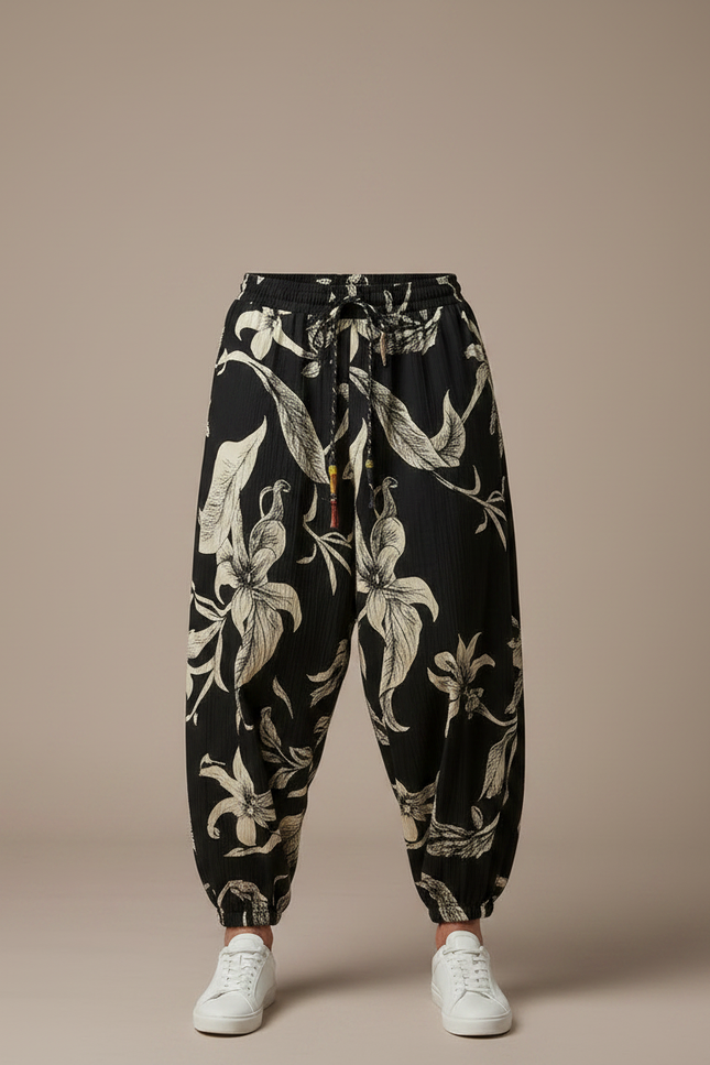 Pantalon Noir Harem Floral Ample Homme Décontracté - Viscose - vue 3