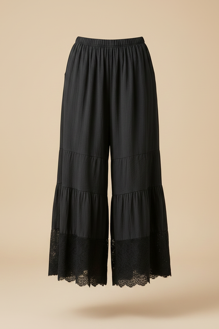 Pantalon Noir Ample Dentelle Volants Fluide Femme - Viscose - vue 3