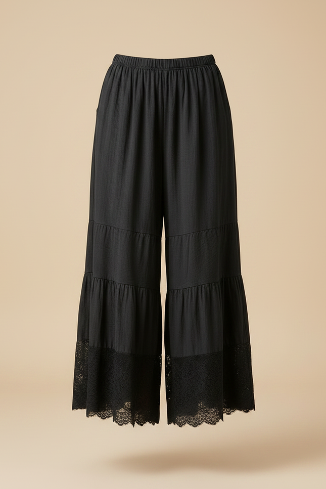 Pantalon Noir Ample Dentelle Volants Fluide Femme - Viscose - vue 3
