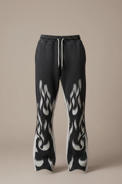 Pantalon Noir Évasé Imprimé Flammes Streetwear Décontracté Hip Hop - Molleton - vue 3