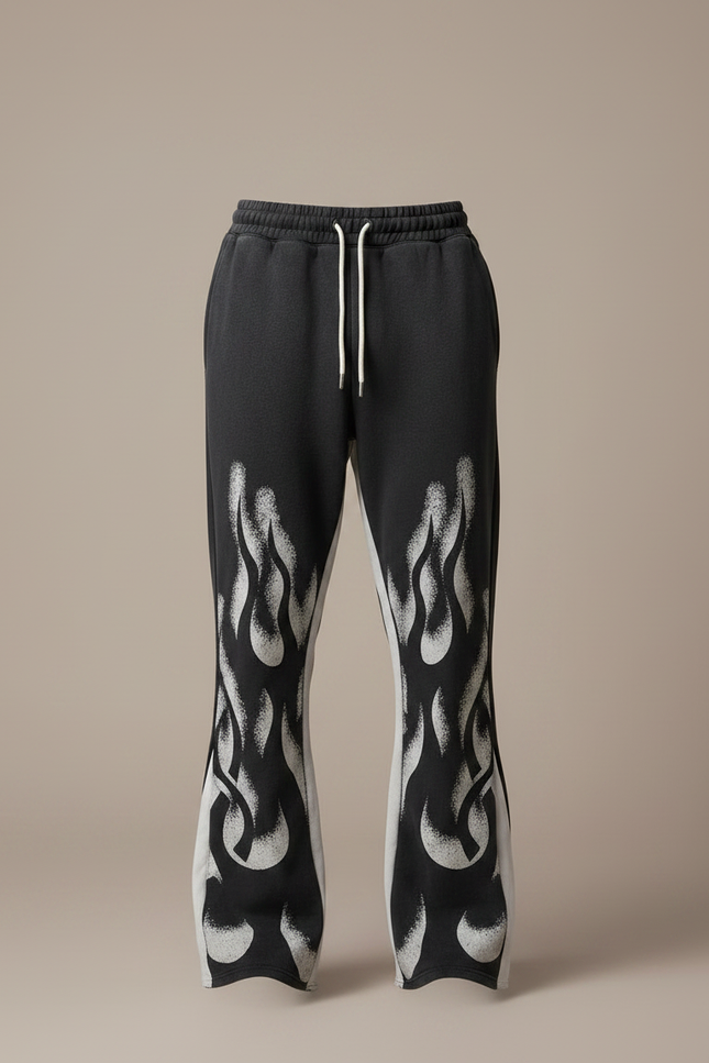 Pantalon Noir Évasé Imprimé Flammes Streetwear Décontracté Hip Hop - Molleton - vue 3