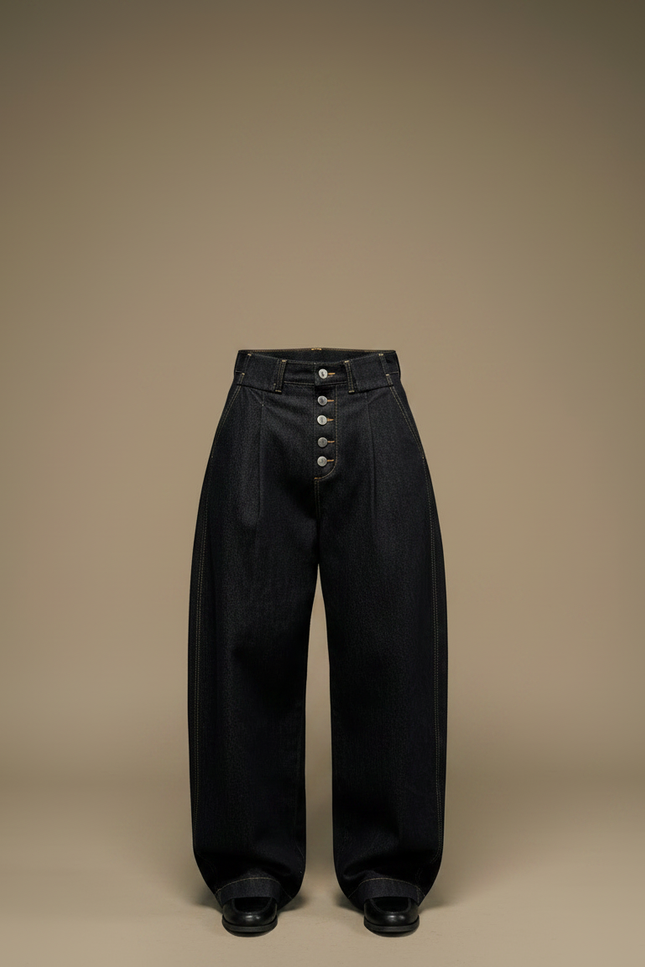 Pantalon Noir Ample Denim Boutons Homme Décontracté - Jean - vue 3