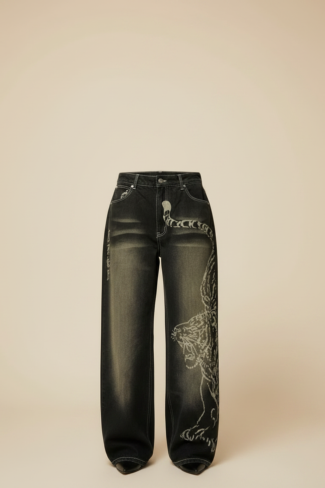 Pantalon Noir Ample Délavé Brodé Serpent Streetwear - Jean - vue 3
