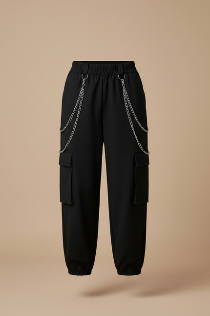 Pantalon Noir Cargo Chaîne Streetwear Femme - Polyester - vue 3
