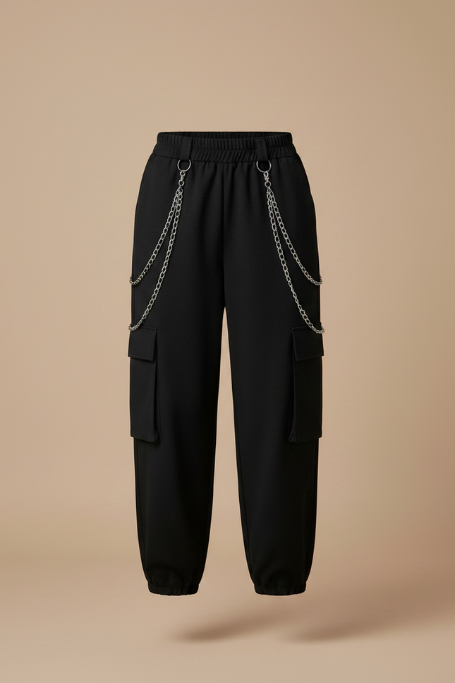 Pantalon Noir Cargo Chaîne Streetwear Femme - Polyester - vue 3
