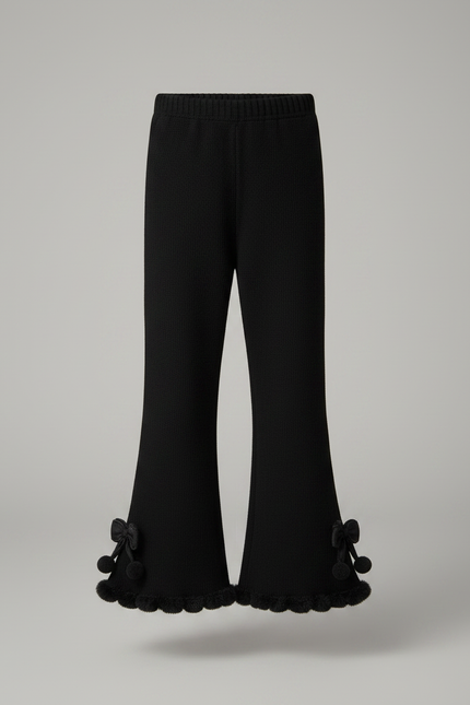 Pantalon Noir Évasé Fille Côtelé Pompons Dentelle - Maille - vue 3