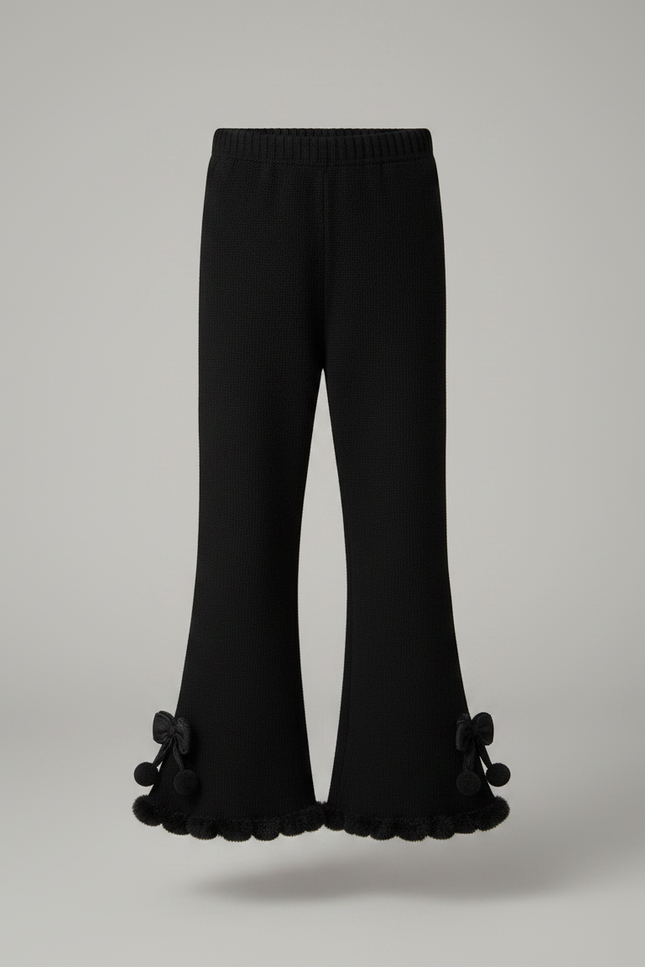 Pantalon Noir Évasé Fille Côtelé Pompons Dentelle - Maille - vue 3