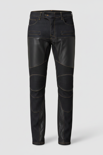 Pantalon Noir Motard Cuir Denim Matelassé Slim Homme - vue 3