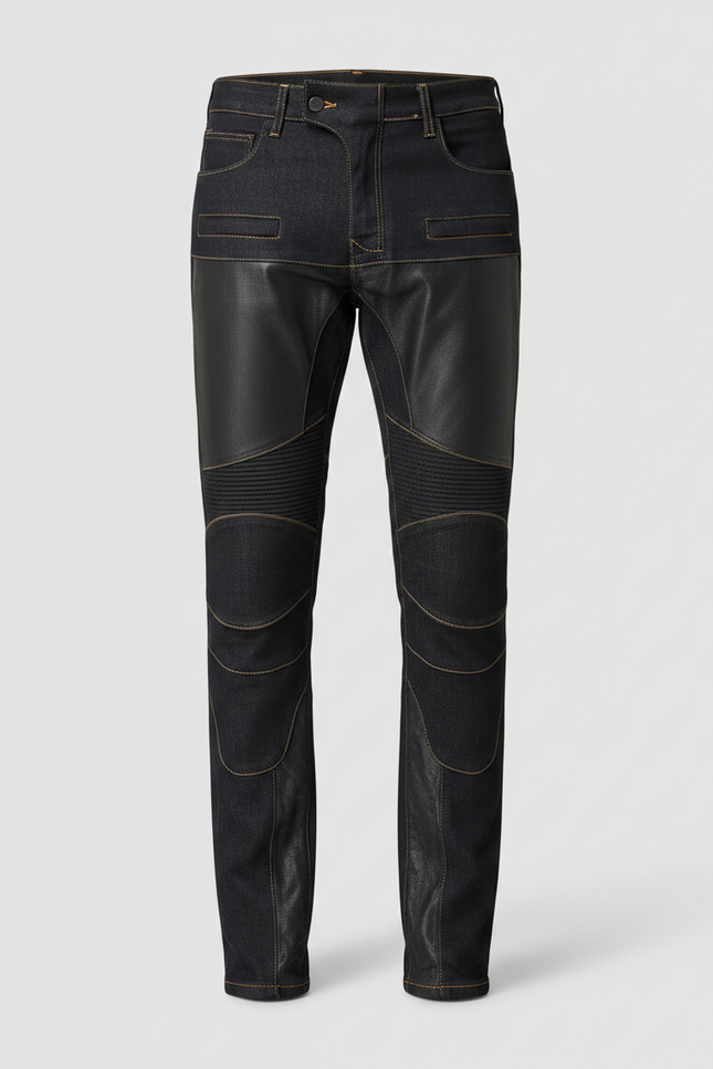 Pantalon Noir Motard Cuir Denim Matelassé Slim Homme - vue 3