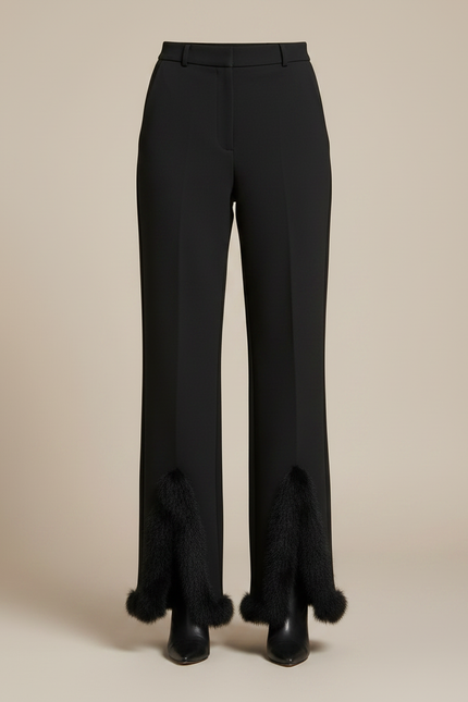 Pantalon Noir Fendu Évasé Fourrure Élégant Femme - Polyester - vue 3
