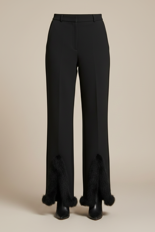 Pantalon Noir Fendu Évasé Fourrure Élégant Femme - Polyester - vue 3
