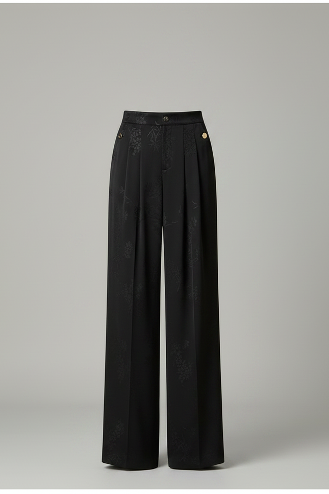 Pantalon Noir Jacquard Ample Fluide Satin Femme - vue 3