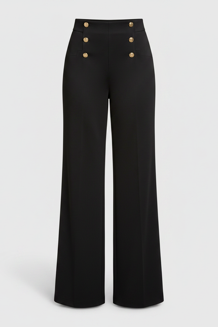 Pantalon Noir Évasé Taille Haute Boutons Dorés - Polyester - vue 3
