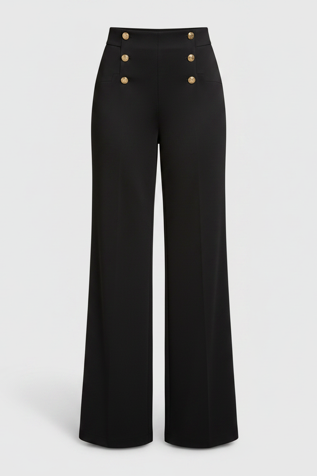 Pantalon Noir Évasé Taille Haute Boutons Dorés - Polyester - vue 3