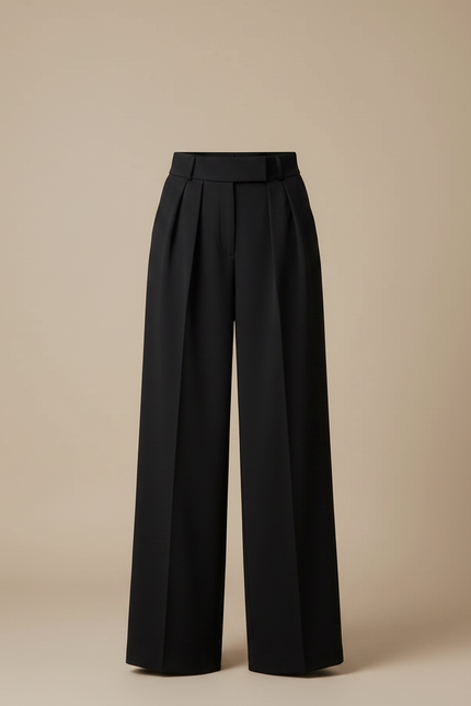 Pantalon Noir Fluide, Taille Haute, Plissé, Élégant - Polyester - vue 3