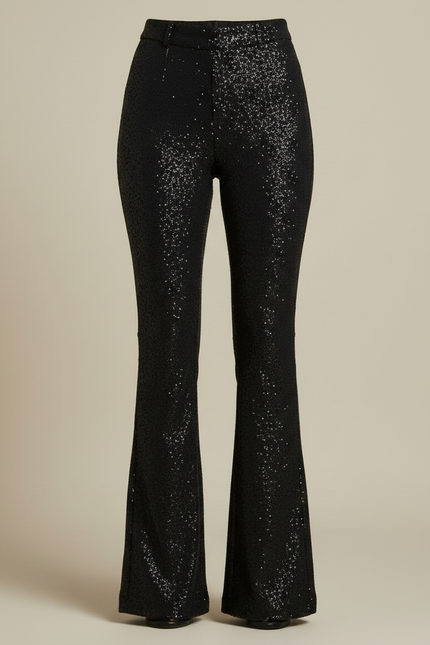 Pantalon Noir Paillettes Évasé Taille Haute Femme Chic - Polyester - vue 3