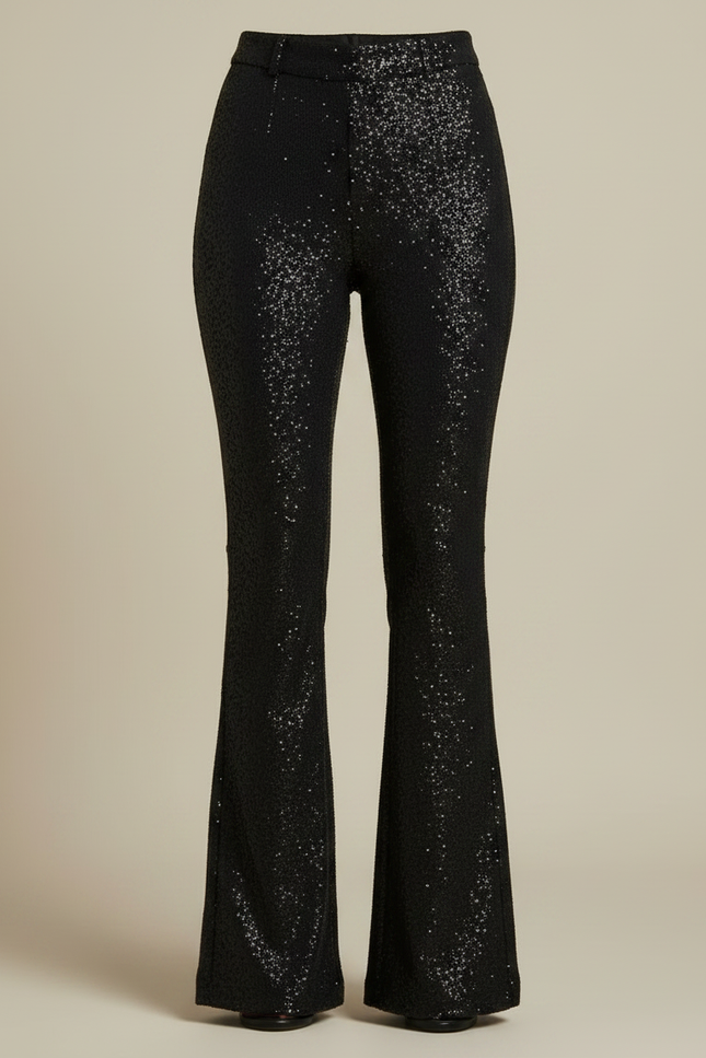 Pantalon Noir Paillettes Évasé Taille Haute Femme Chic - Polyester - vue 3