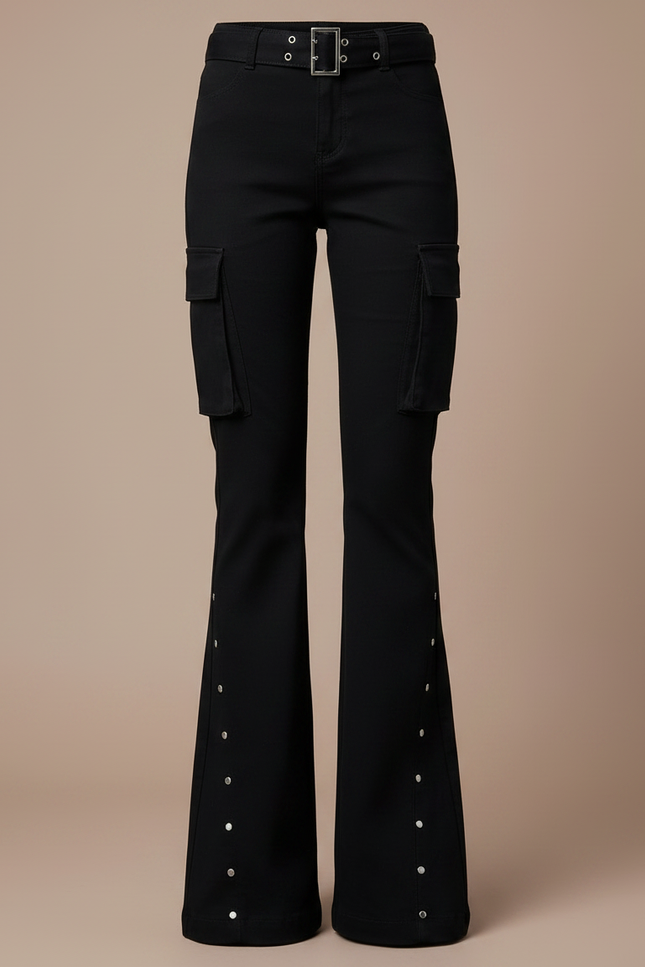 Pantalon Noir Évasé Rivets Cargo Boutons Femme - Gabardine - vue 3