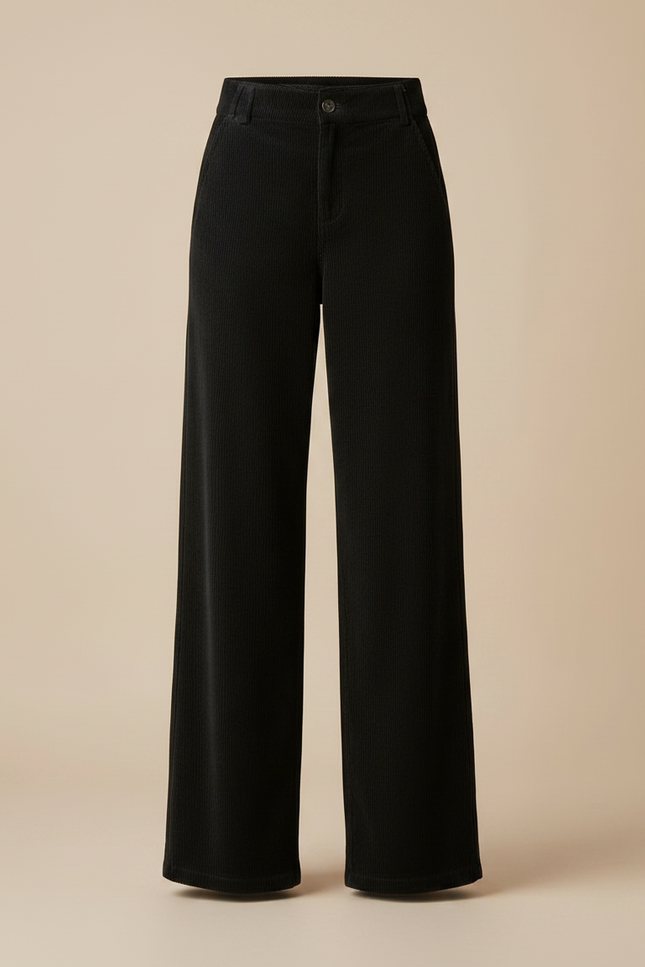 Pantalon Noir Côtelé Taille Haute Ample Femme - Cordé - vue 3