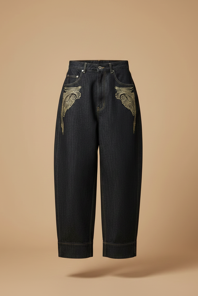 Pantalon Noir Ample Denim Brodé Vintage Femme - Jean - vue 3