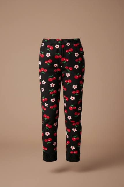 Pantalon Noir Imprimé Cerises Filles Chaud Hiver - Molleton - vue 3