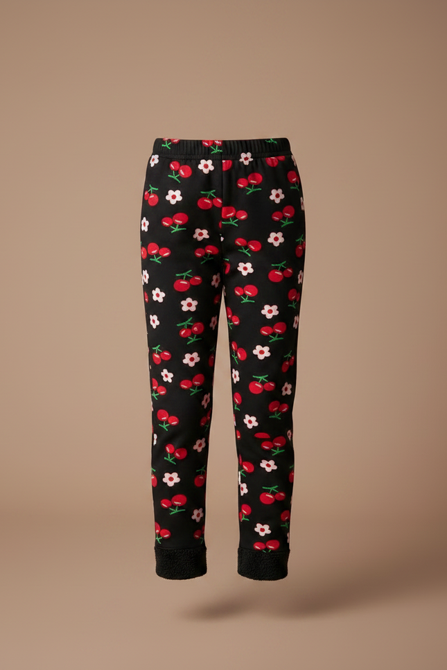 Pantalon Noir Imprimé Cerises Filles Chaud Hiver - Molleton - vue 3