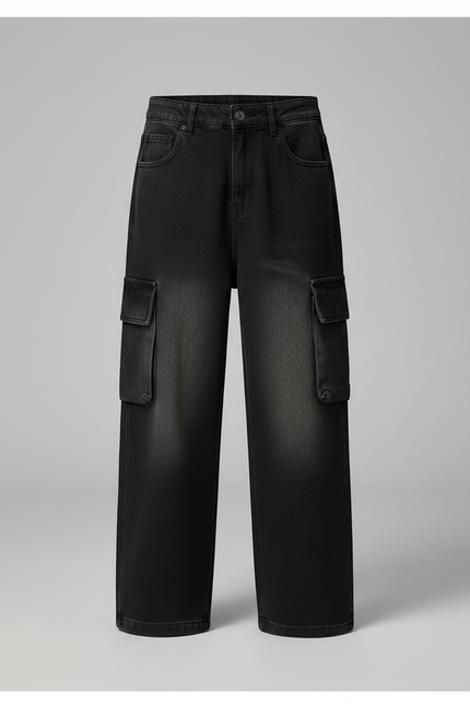 Pantalon Noir Cargo Ample En Jean Enfant - vue 3