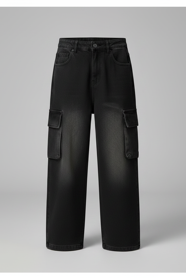 Pantalon Noir Cargo Ample En Jean Enfant - vue 3