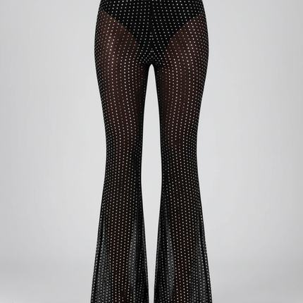 Pantalon Noir Transparent Paillettes Évasé Femme - Maille