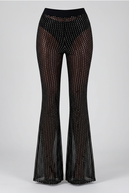 Pantalon Noir Transparent Paillettes Évasé Femme - Maille