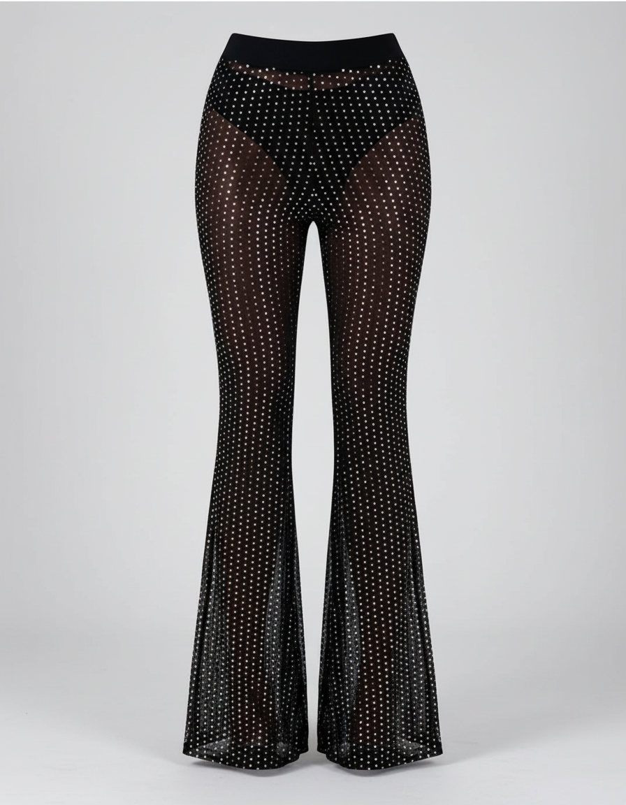 Pantalon Noir Transparent Paillettes Évasé Femme - Maille