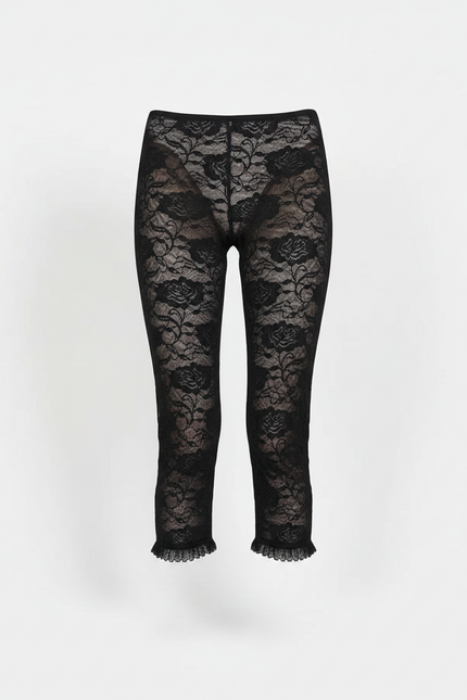 Pantalon Noir Dentelle Florale Transparente Évasé - Polyester - vue 2