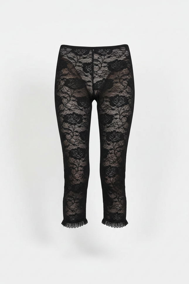 Pantalon Noir Dentelle Florale Transparente Évasé - Polyester - vue 2