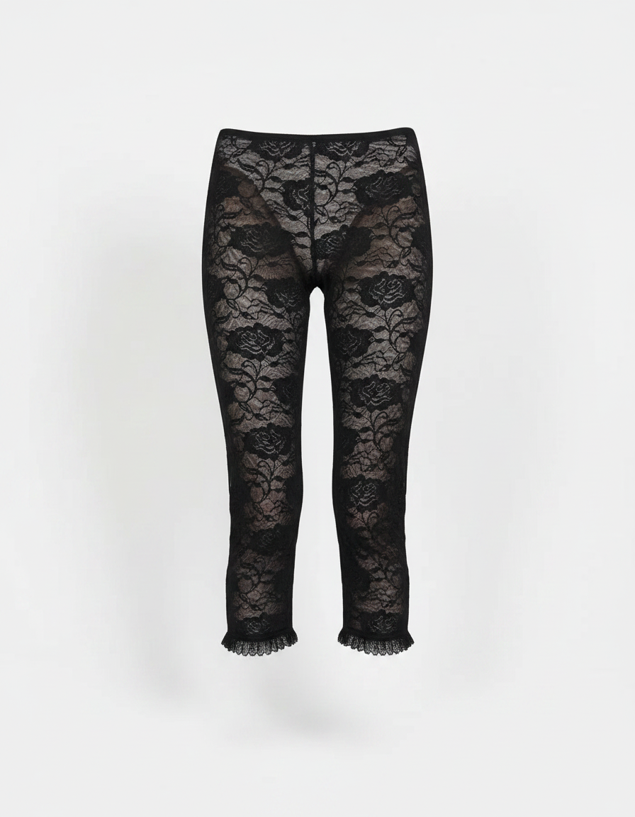Pantalon Noir Dentelle Florale Transparente Évasé - Polyester - vue 2