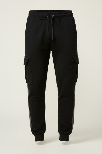 Pantalon Noir Cargo Jogging Sportif Rayure Grise - Molleton - vue 3