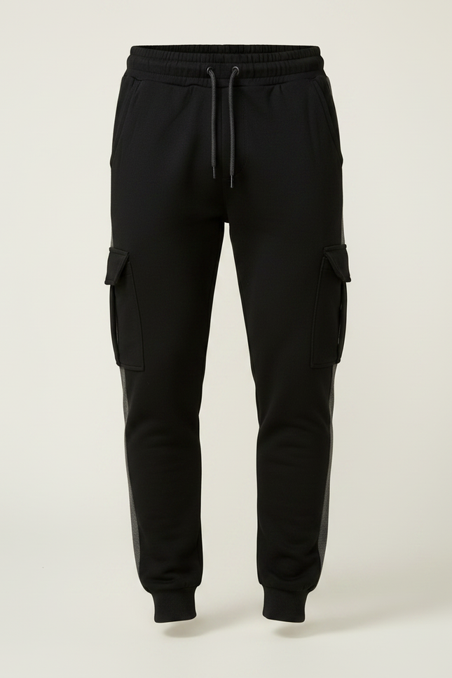 Pantalon Noir Cargo Jogging Sportif Rayure Grise - Molleton - vue 3