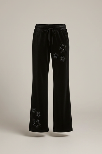 Pantalon Noir Velours Évasé Étoiles Strass Fille - vue 3