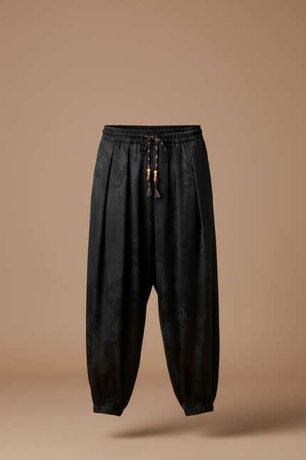 Pantalon Noir Satin Ample Motif Dragon Homme - vue 3
