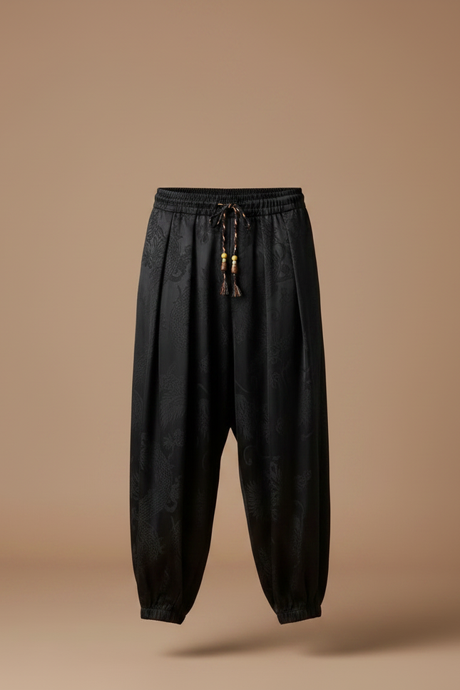 Pantalon Noir Satin Ample Motif Dragon Homme - vue 3