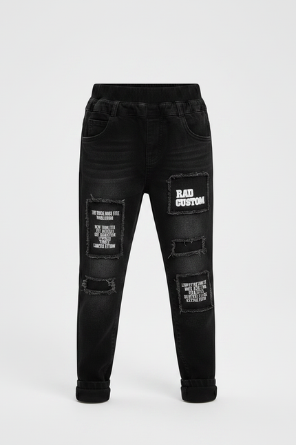 Pantalon Noir Garçon Patchs Imprimés Déchirés Slim Denim - Jean - vue 3