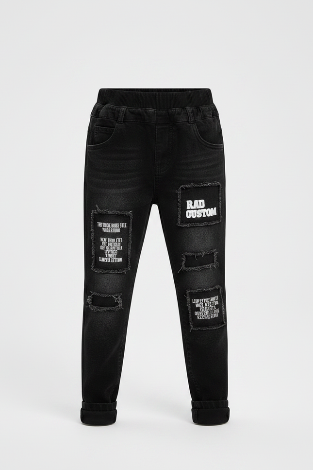 Pantalon Noir Garçon Patchs Imprimés Déchirés Slim Denim - Jean - vue 3