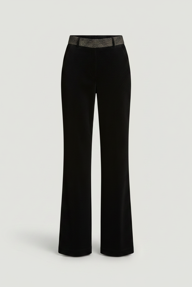 Pantalon Noir Côtelé Évasé Taille Haute Femme - Cordé - vue 3