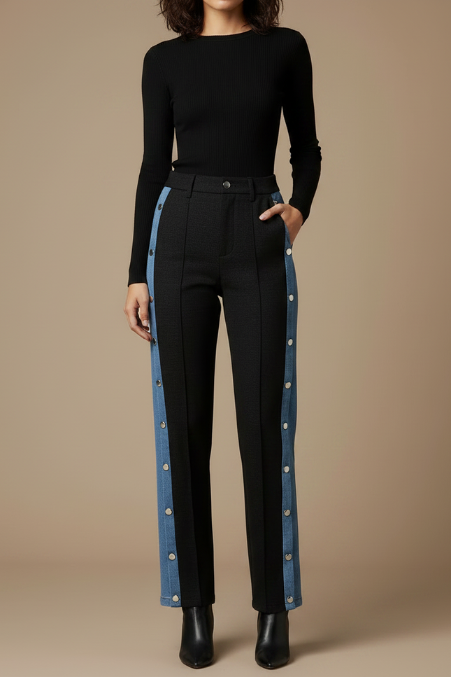 Pantalon Noir Boutons Latéraux Jean Décontracté Femme - vue 3