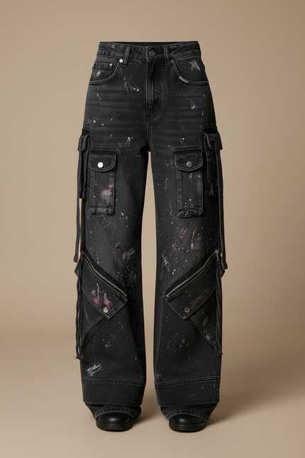 Pantalon Noir Cargo Ample Peinture Streetwear Femme - Jean - vue 3