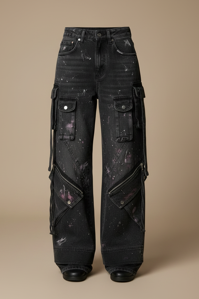 Pantalon Noir Cargo Ample Peinture Streetwear Femme - Jean - vue 3