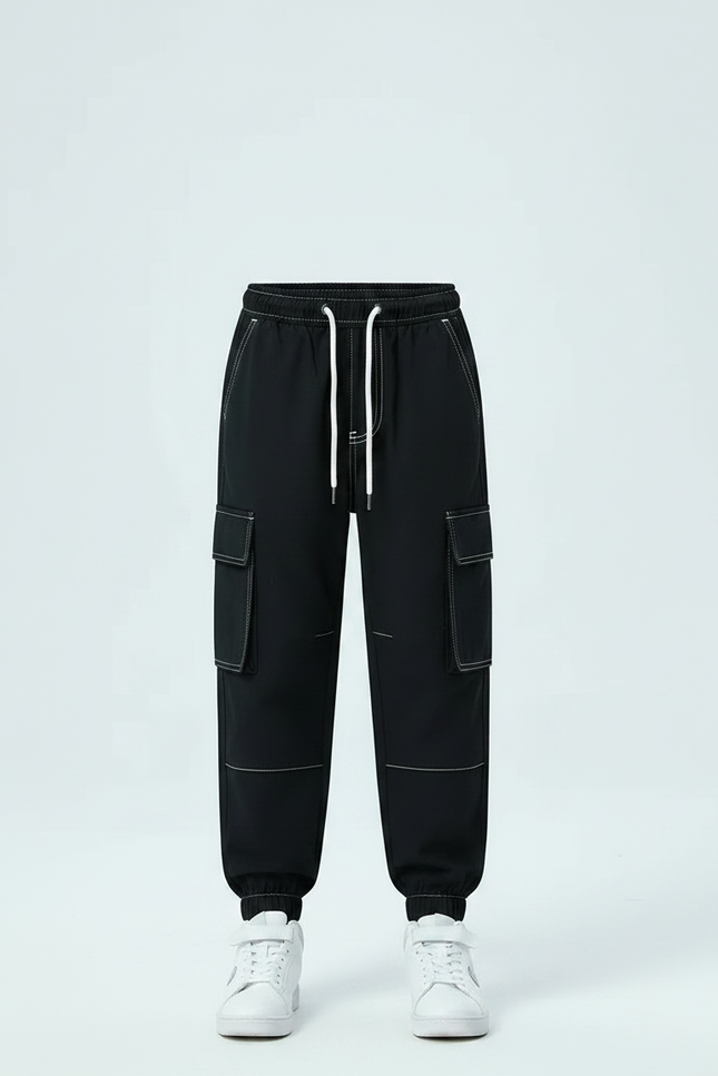 Pantalon Noir Surpiqures Blanches - Polyester - vue 3